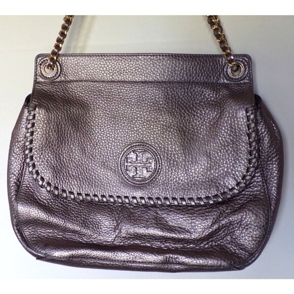 Tory Burch Marion Metallic Gray Silver Whipstitch Leather Saddle Bag w/Cover - Picture 2 of 8